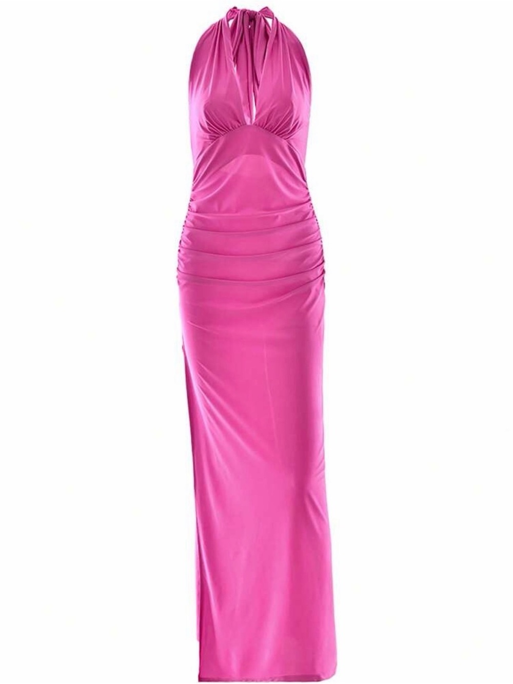 Feminine Hot Pink Halter Maxi Evening Dress